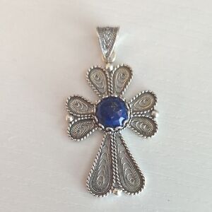 SS Vintage Turkey Real Lapis Lazuli Gem Filigree Silver & Blue Cross Pendant